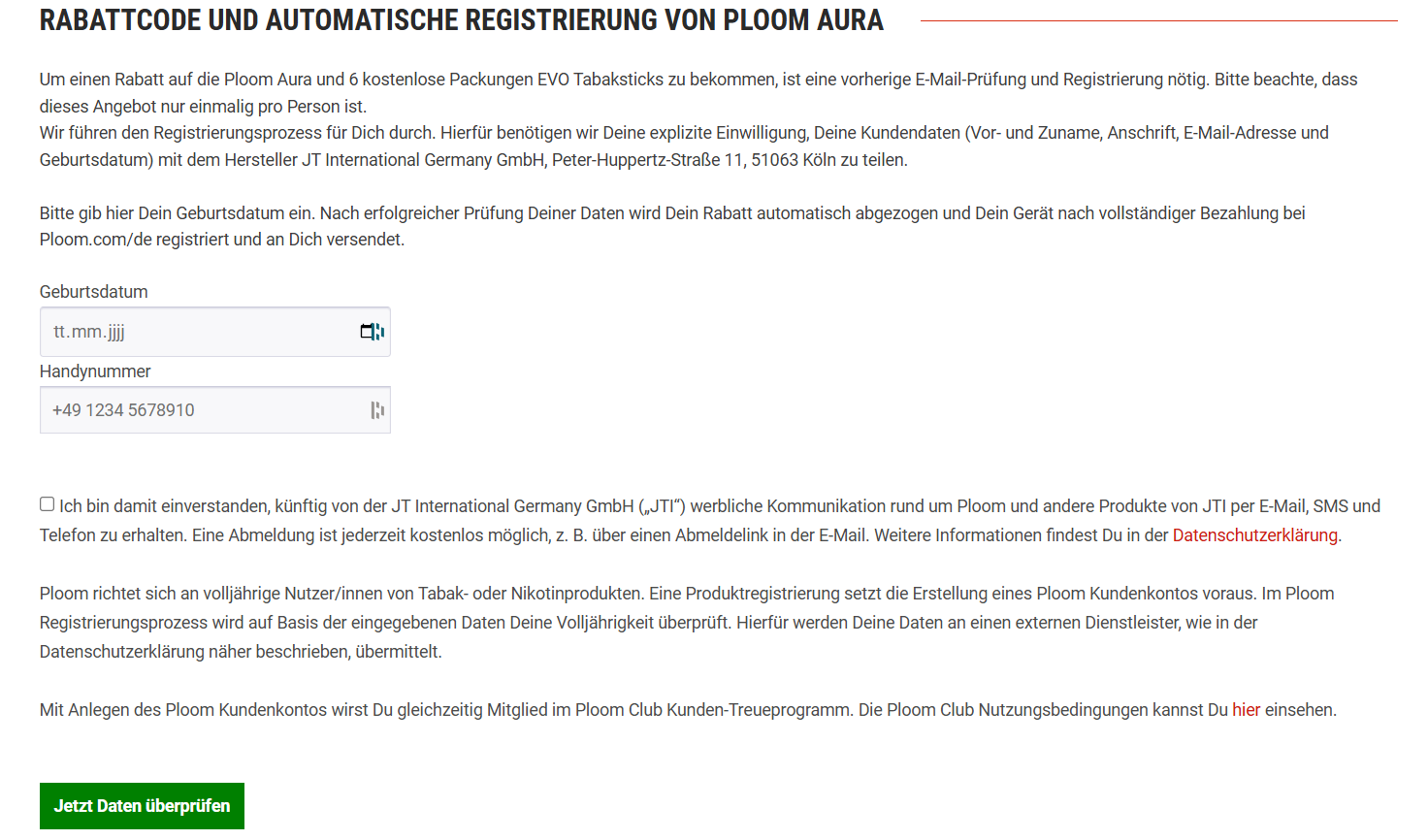 Ploom Aura Registrierung - Geburtstdatum und Handynummer hinterlegen
